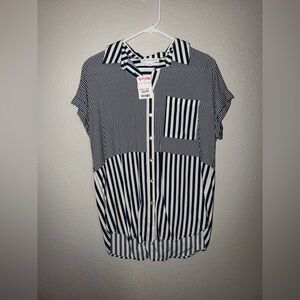 Navy and White Striped Women's Button-Down Shirt